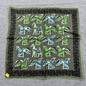 VTG Tammis Keefe Carousel Handkerchief Green Horses Square Hankie + Sticker Tag